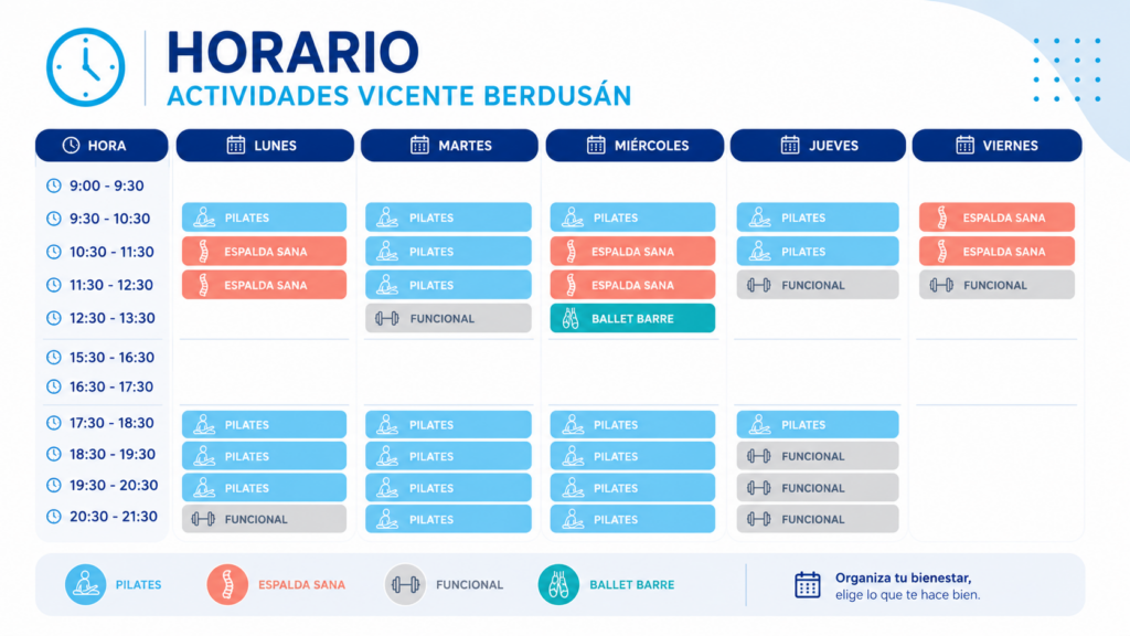 Horario de actividades dirigidas del centro ASERHCO Vicente Berdusán