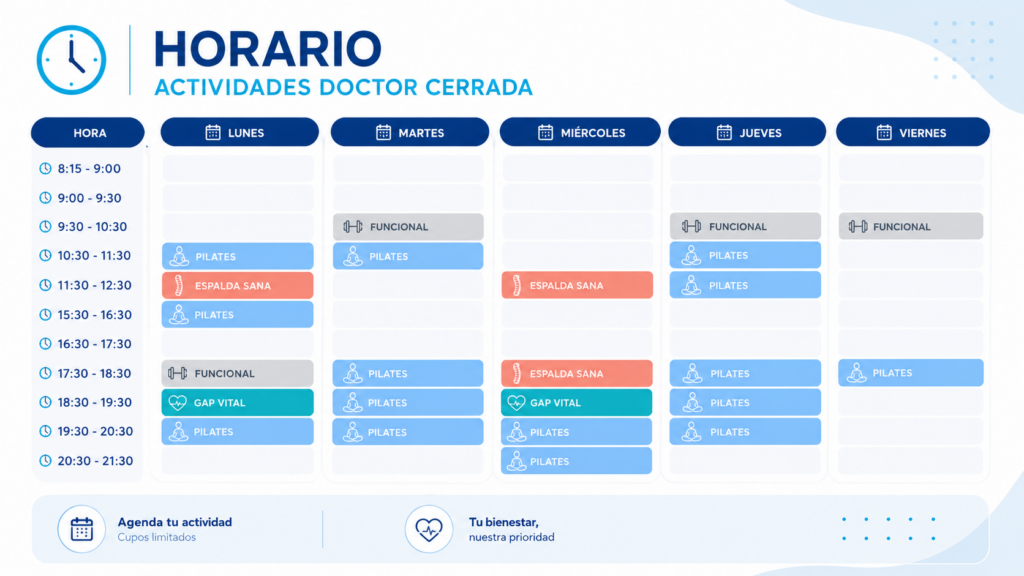 Horario de actividades dirigidas del centro ASERHCO Doctor Cerrada