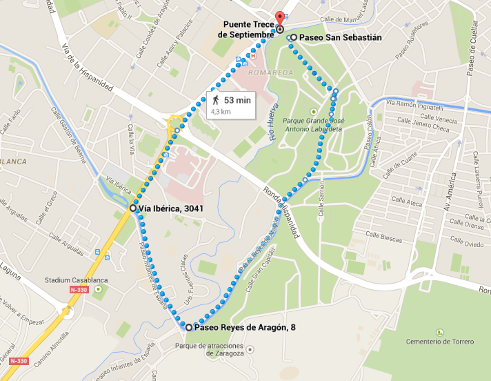 Mapa de la ruta 1 para correr en Zaragoza: Parque Grande y Canal Imperial