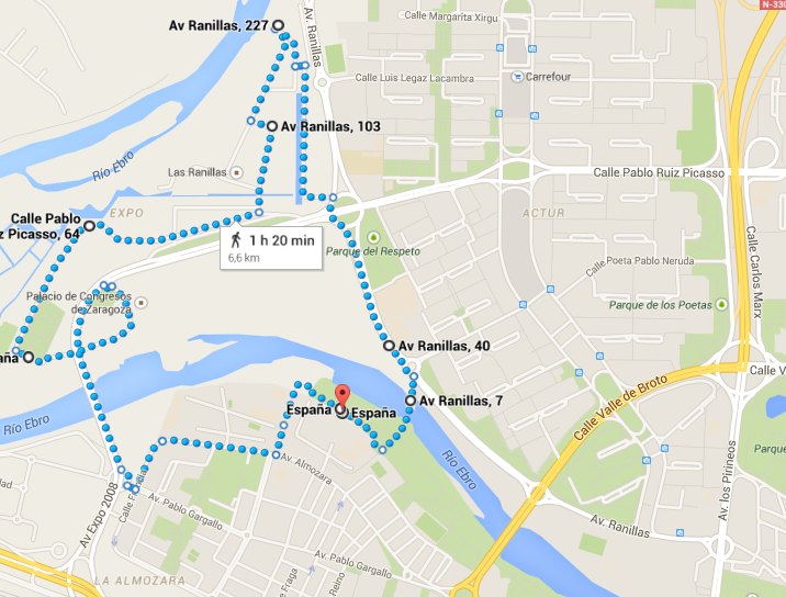 Mapa de la ruta 2 para correr en Zaragoza: Expo y Parque del Agua
