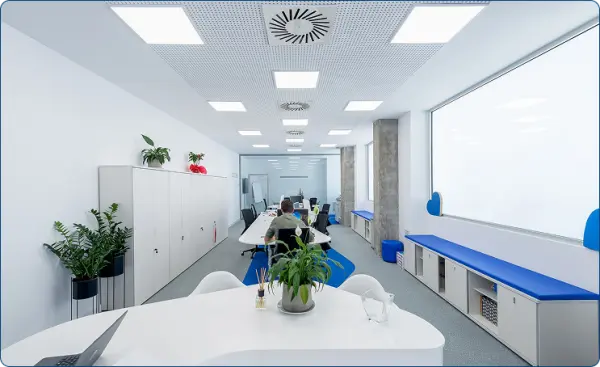 Interior de un centro ASERHCO con zona de trabajo y plantas